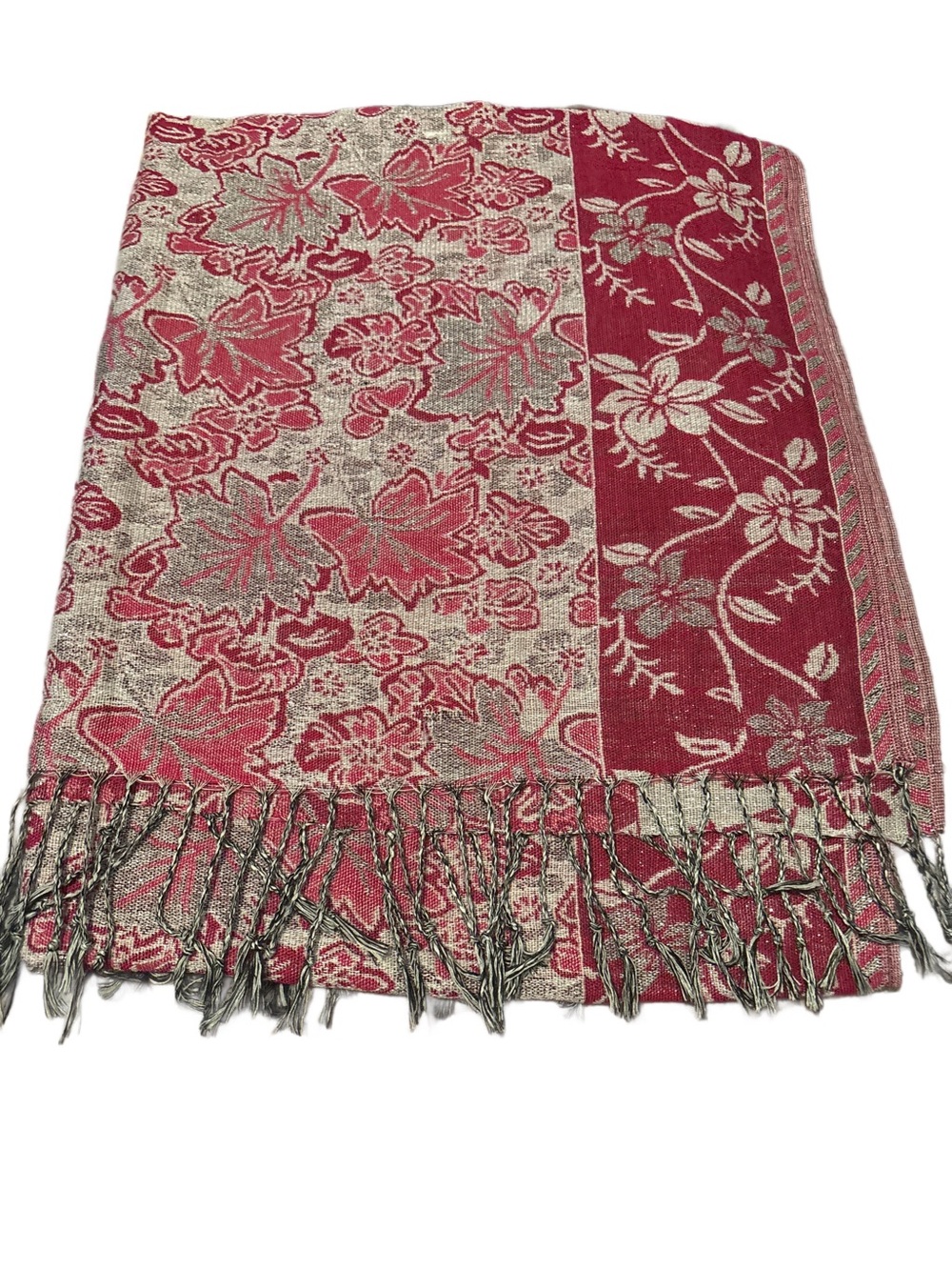 Red Floral Jacquard Fringe Shawl Scarf or Pashmina